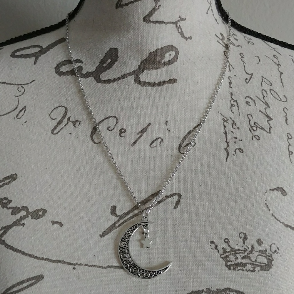 Silver Cresent Moon & Star Necklace